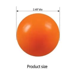 An orange round stress ball, measuring 2.48 inches in diameter, with a smooth surface and a logo.