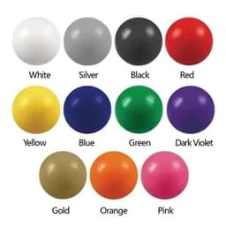 A collection of solid colour round stress balls, featuring white, silver, black, red, yellow, blue, green, dark violet, gold, orange, and pink.