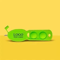 A green custom push pop pen keychain with a carabiner clip and two circular push sections, featuring a logo.