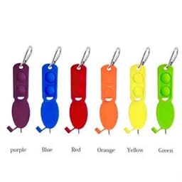 A collection of custom push pop pen keychains in purple, blue, red, orange, yellow, and green, featuring carabiner clips.