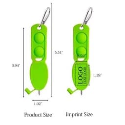 A green custom push pop pen keychain with a carabiner clip and branding area for a logo.
