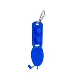 A blue custom push pop pen keychain with a carabiner clip and a branding logo.