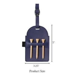 A navy blue vegan leather golf tee bag holder with three wooden tees and a strap for attachment.