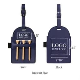 A navy vegan leather golf tee bag holder with space for three wooden tees and a logo area on both sides.