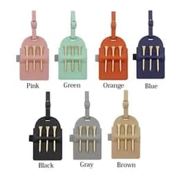 A range of portable vegan leather golf tee bag holders in pink, green, orange, blue, black, grey, and brown. Each holder has a logo.