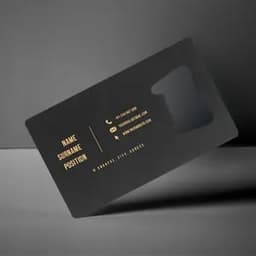 A drink bottle opener business card in black with a sleek design and gold text. It features a cut-out opener shape.