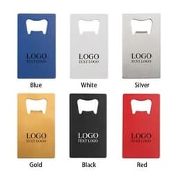 A drink bottle opener business card displayed in blue, white, silver, gold, black, and red, each featuring a logo.