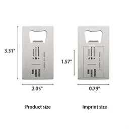 A stainless steel beer bottle opener in business card shape, featuring a logo and measurements.