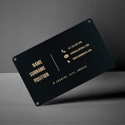 A black aluminium business card with gold text, featuring a logo, contact details, and space for personal information.