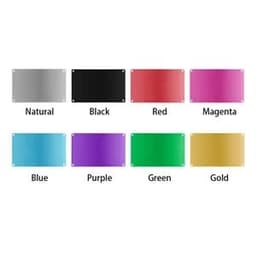 A selection of Aluminium Business Cards in various colours: Natural, Black, Red, Magenta, Blue, Purple, Green, and Gold.