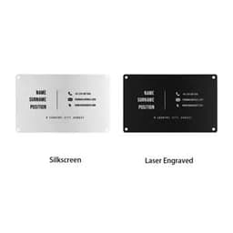 A silver aluminium business card on the left and a black aluminium business card on the right, both with branding.