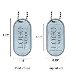 A silver dog tag with an oval shape, featuring an imprint area, attached to a ball chain.