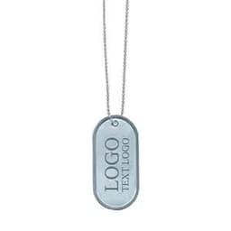 A silver dog tag pendant on a chain, featuring a logo and text engraved on its surface.