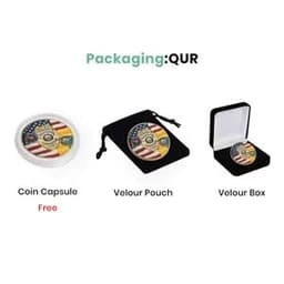 A 1.5-inch custom die struck mint coin displayed in a protective capsule, velvet pouch, and velvet box. The coin features a colourful design.