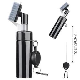 A black water spray golf cleaning tool with a brush attachment and a retractable cord. It features a logo.