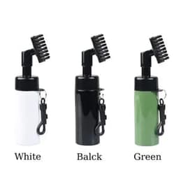 A water spray golf cleaning tool in white, black, and green, each with a brush and a keychain clip.