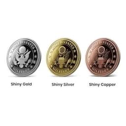 Three custom 3D die struck mint coins in shiny gold, shiny silver, and shiny copper with a circular design and logo.