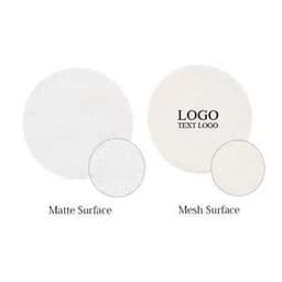 Two circular poker chips in white, featuring options for matte and mesh surfaces, one with a logo.