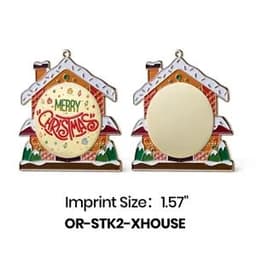 A decorative ornament shaped like a house, featuring bright colours and a blank circular area, with a logo present.