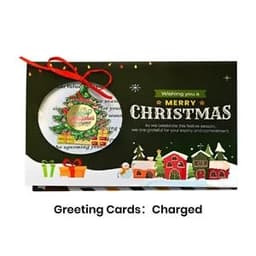 A festive card decorated with Christmas imagery, featuring a circular ornament and a ribbon.