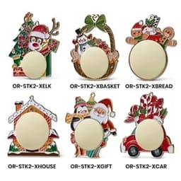 A set of colourful 2.5" stock UV print ornaments featuring various holiday designs including Santa, snowmen, and a reindeer.