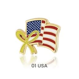A gold pin featuring a stylised American flag design with a yellow ribbon underneath.