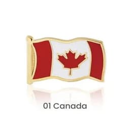 A gold and enamel pin featuring the Canadian flag, predominantly red, white, and gold. Includes a logo.