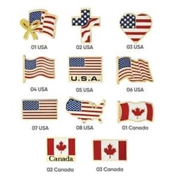 A collection of 11 enamel pins featuring American and Canadian flags in various designs and colours, including hearts and maps.