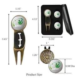 A golf ball marker gift box set in black, containing a marker, a divot tool, and additional markers. Features a logo.