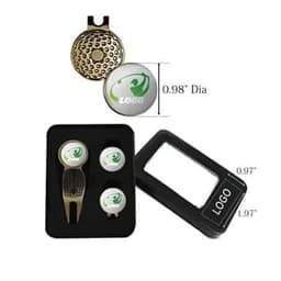 A golf ball marker gift box set featuring a gold-tone marker, three round markers, and a black presentation box with a logo.