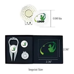 A golf magnetic cap clip ball position marker set featuring silver and white markers with a logo, presented in a black box.