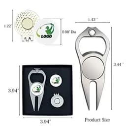 A golf magnetic cap clip set featuring silver and white ball markers and a divot tool, presented in a black box.