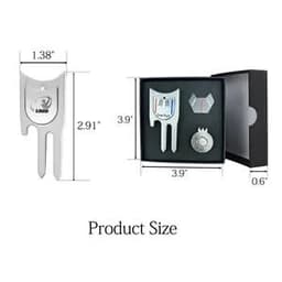 A golf set featuring a magnetic cap clip, ball marker, and pitchfork, presented in a black box with a logo.