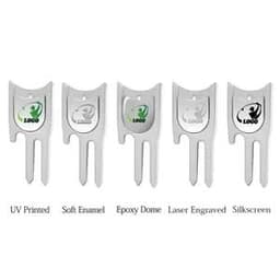 A set of five golf ball markers with various finishes, featuring a silver colour and different decorative styles.