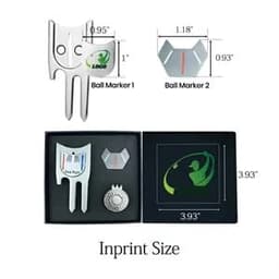 A magnetic cap clip golf set featuring two ball markers and a silver divot tool in a black packaging.