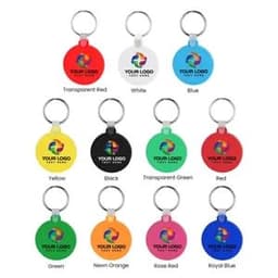 A collection of round soft key tags in various colours including red, blue, green, and white, each with a logo.