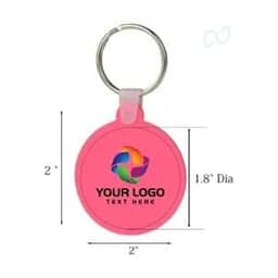 A pink silicone round key tag with a metal keyring and a space for a logo or text. Measures 2 inches in diameter.