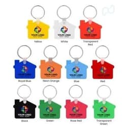 A collection of house-shaped silicone keychains in various bright colours, each featuring a logo.