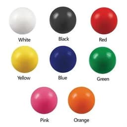 A collection of round stress balls in various solid colours: white, black, red, yellow, blue, green, pink, and orange.