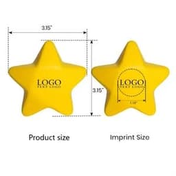 A yellow star-shaped stress ball with dimensions shown for product and imprint sizes, featuring a logo.