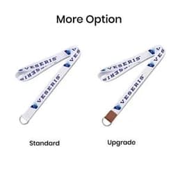 A white dye sublimated lanyard featuring a logo, available in standard and upgrade options.