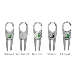 A set of five silver golf tools with carabiners, featuring different marker designs and a logo on each.