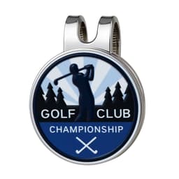 A silver golf hat clip featuring a circular design with a golfer silhouette and trees in the background.