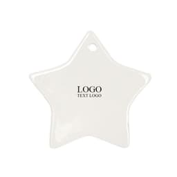 A star-shaped ceramic ornament in white with a logo on the surface.