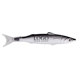 A fish-shaped pen in black and silver with a logo. The pen features a detailed design resembling a fish.