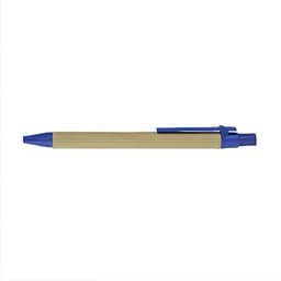 A paper ballpoint pen with a beige barrel and blue accents. It features a clip and has a logo on the barrel.
