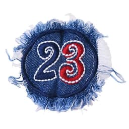A round denim patch featuring the numbers 2 and 3 in red and white on a blue fabric background with frayed edges.