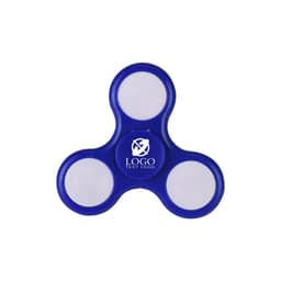 A blue LED lights fidget spinner with three circular sections and a logo in the centre.