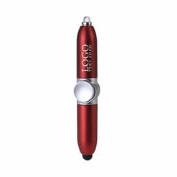 A red fidget spinner pen with a silver accent and a built-in LED light. It features a logo on the barrel.