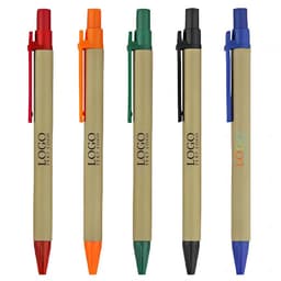 A set of eco-friendly ballpoint pens in orange, green, black, and blue with a beige barrel and logos.